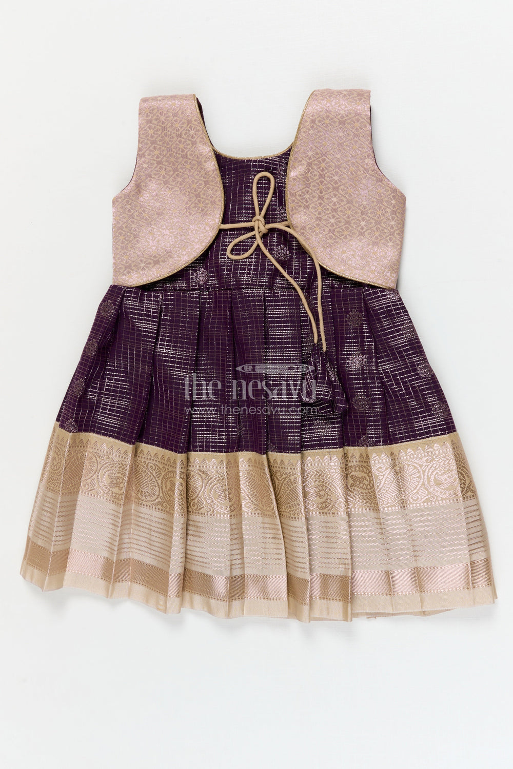 The Nesavu Girls Kanchi Silk Frock Wedding Silk Frock for Toddler Girls with Bridesmaid-style Kanchivaram Saree Design Nesavu 10 (NB) / Purple / style 1 KSF013AA-10 Nesavu toddler girl silk frock with bridesmaid style Kanchivaram saree design for weddings and receptions