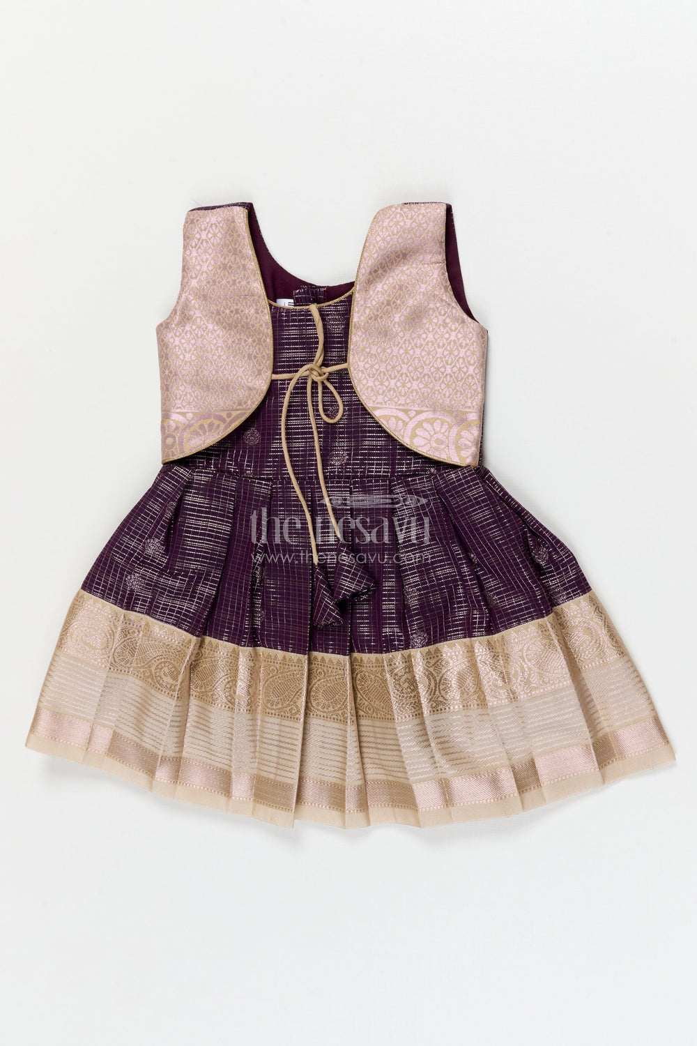 The Nesavu Girls Kanchi Silk Frock Wedding Silk Frock for Toddler Girls with Bridesmaid-style Kanchivaram Saree Design Nesavu 10 (NB) / Purple / style 2 KSF013AB-10 Nesavu toddler girl silk frock with bridesmaid style Kanchivaram saree design for weddings and receptions