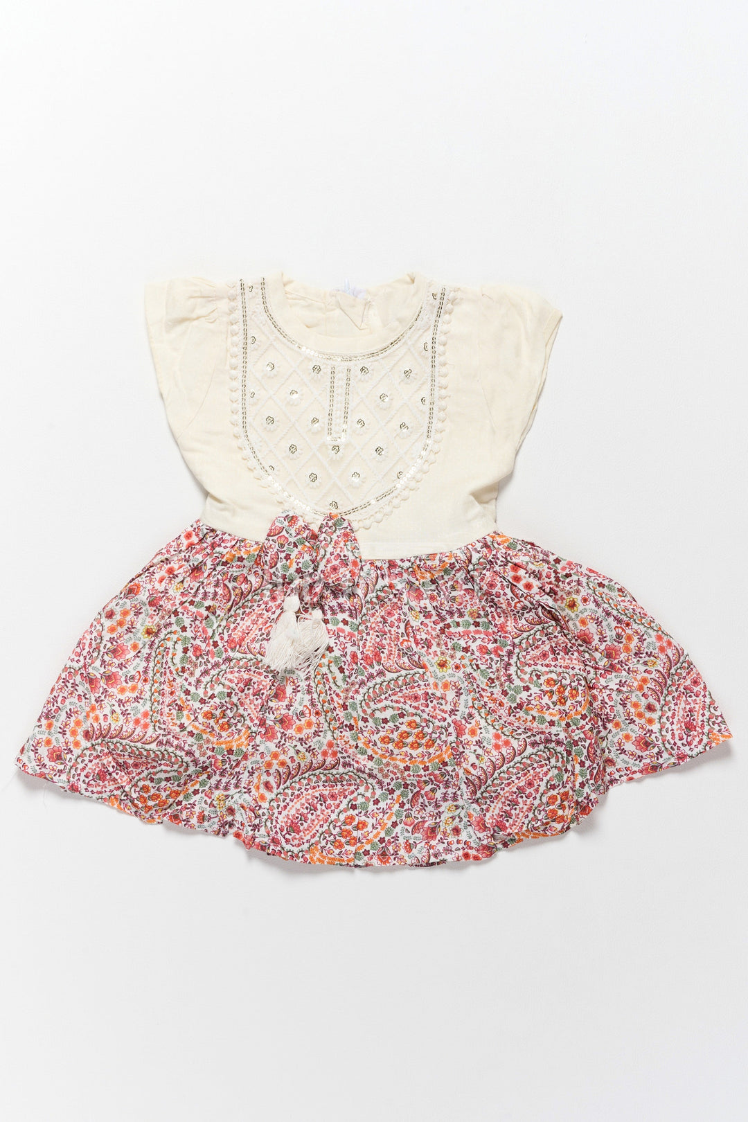 The Nesavu Girls Cotton Frock Western Frock for Girls with Floral Printed Skirt and Beaded Bodice Nesavu Western Floral Frock Girls Beaded Hakoba Bodice Nesavu