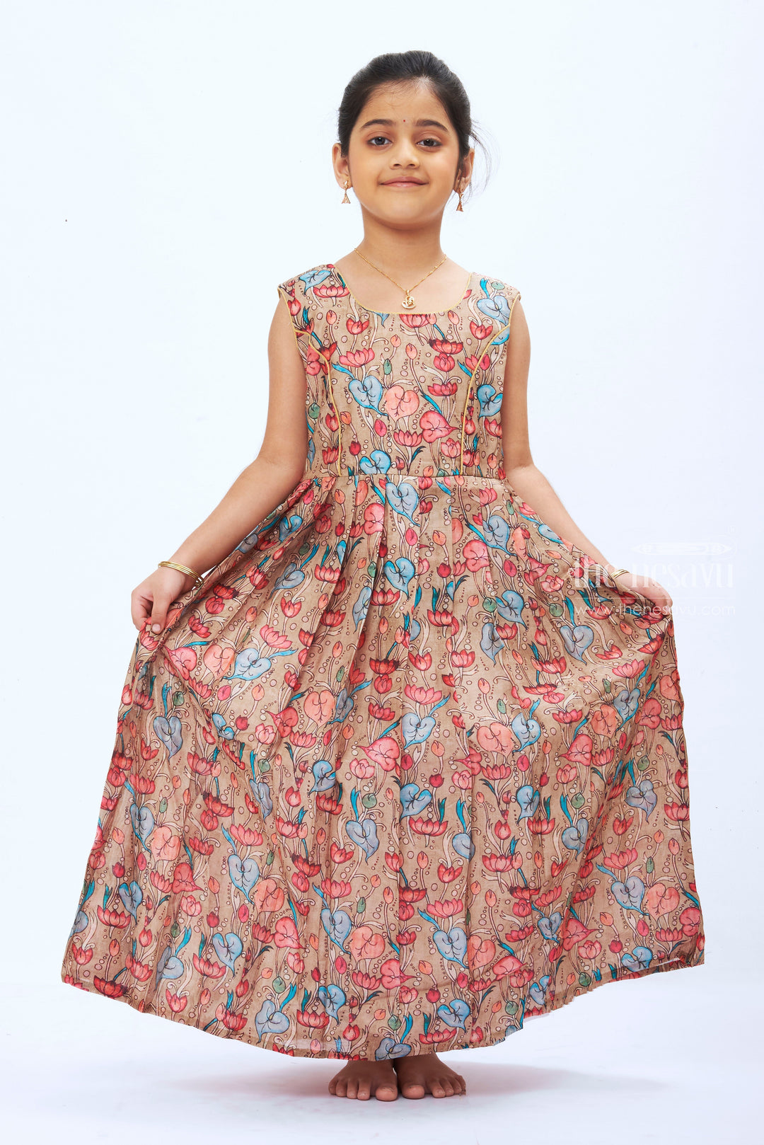 The Nesavu Girls Silk Gown Whimsical Blooms: Beige Anarkali Gown with Kalamkari Prints & Peach Overcoat Nesavu Beige Kalamkari Printed Anarkali | Peach Overcoat Fusion | Full length gown for Girls | The Nesavu