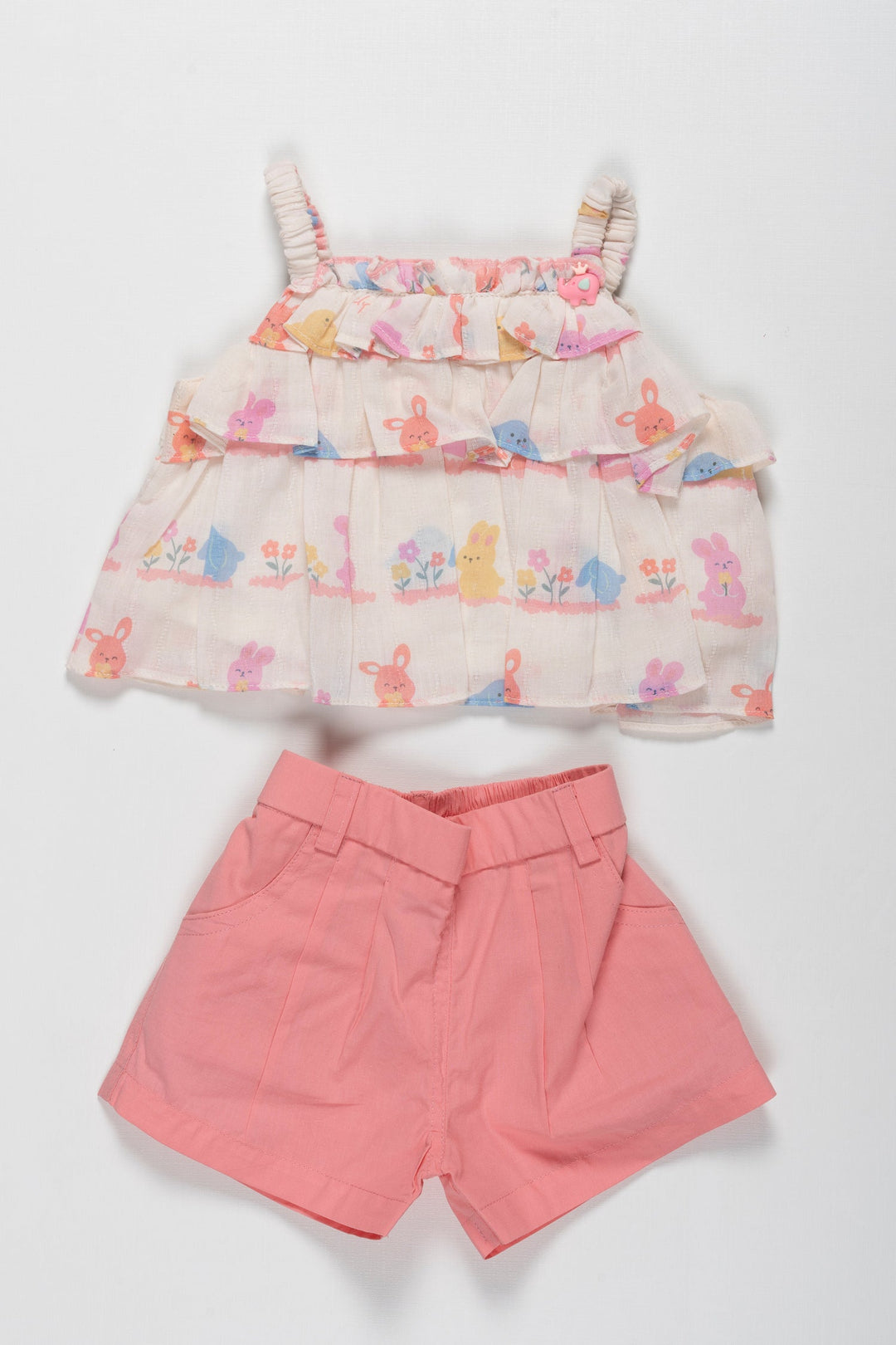 The Nesavu Baby Casual Sets Whimsical Garden Party Girls Top and Shorts Set - Adorable Summer Ensemble Nesavu 14 (6M) / Half white / Cotton BFJ536A-14 Cute Bunny-Print Ruffle Top and Pink Shorts Set for Girls | The Nesavu