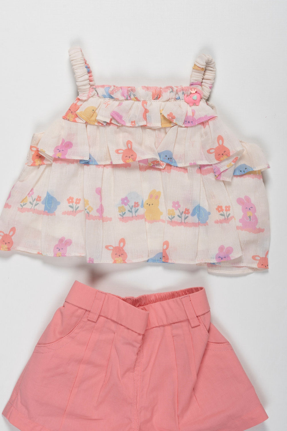 The Nesavu Baby Casual Sets Whimsical Garden Party Girls Top and Shorts Set - Adorable Summer Ensemble Nesavu Cute Bunny-Print Ruffle Top and Pink Shorts Set for Girls | The Nesavu