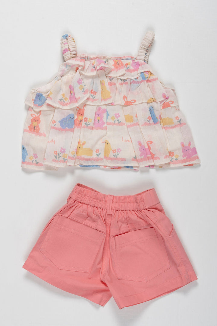 The Nesavu Baby Casual Sets Whimsical Garden Party Girls Top and Shorts Set - Adorable Summer Ensemble Nesavu Cute Bunny-Print Ruffle Top and Pink Shorts Set for Girls | The Nesavu