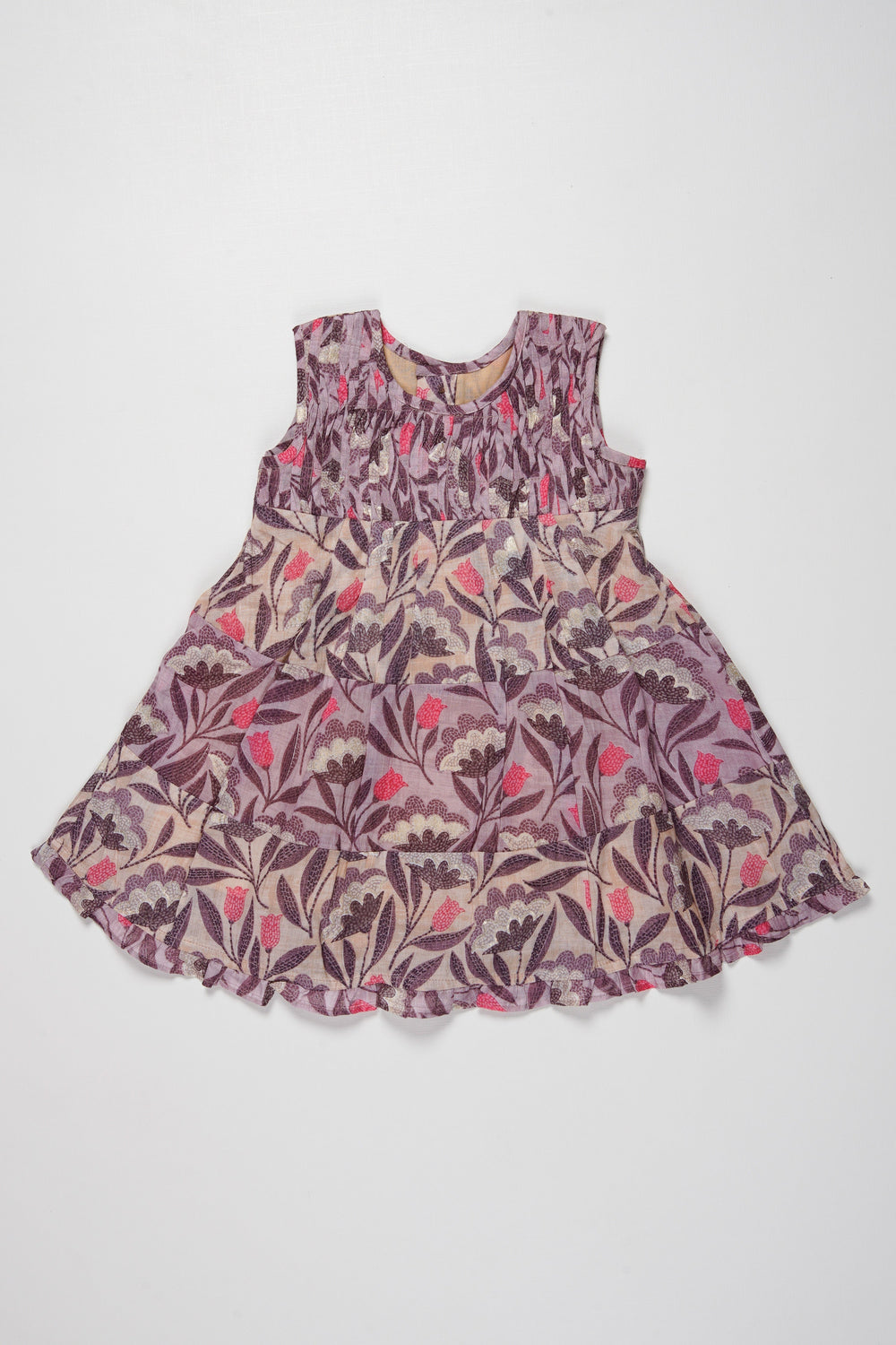 The Nesavu Girls Cotton Frock Whimsical Garden Print Cotton Frock for Girls Nesavu 16 (1Y) / Purple / Cotton GFC1310B-16 Girls Floral Cotton Dress | Purple Garden Themed Kids Frock | The Nesavu