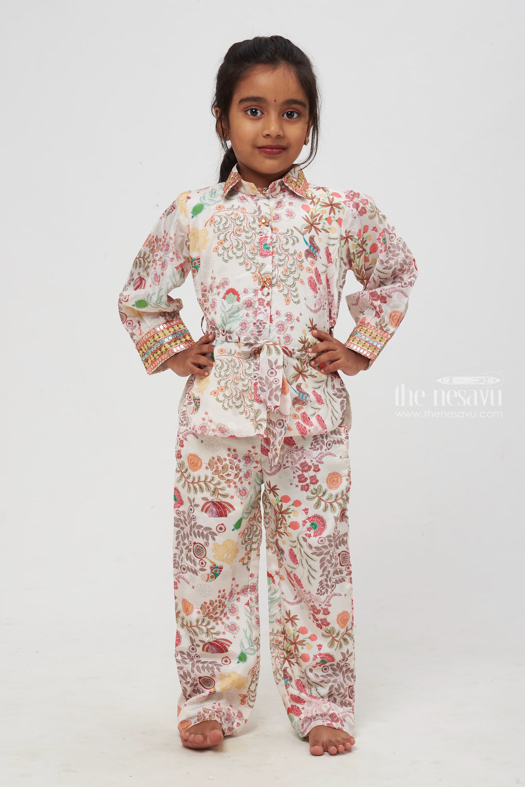 The Nesavu Girls Sharara / Plazo Set Whimsical Nature-Inspired Printed Co-Ord Sets for Kids Nesavu 22 (4Y) / multicolor / Georgette GPS215A-22 Vibrant Nature-Inspired Printed Outfit | Whimsical Kids Casual Wear | Unique Bird and Floral Design