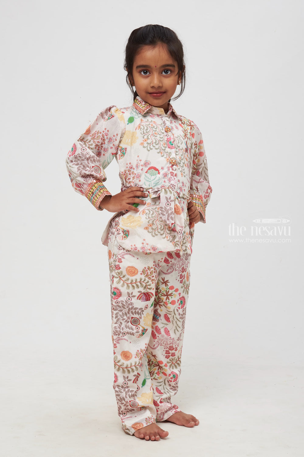 The Nesavu Girls Sharara / Plazo Set Whimsical Nature-Inspired Printed Co-Ord Sets for Kids Nesavu Vibrant Nature-Inspired Printed Outfit | Whimsical Kids Casual Wear | Unique Bird and Floral Design