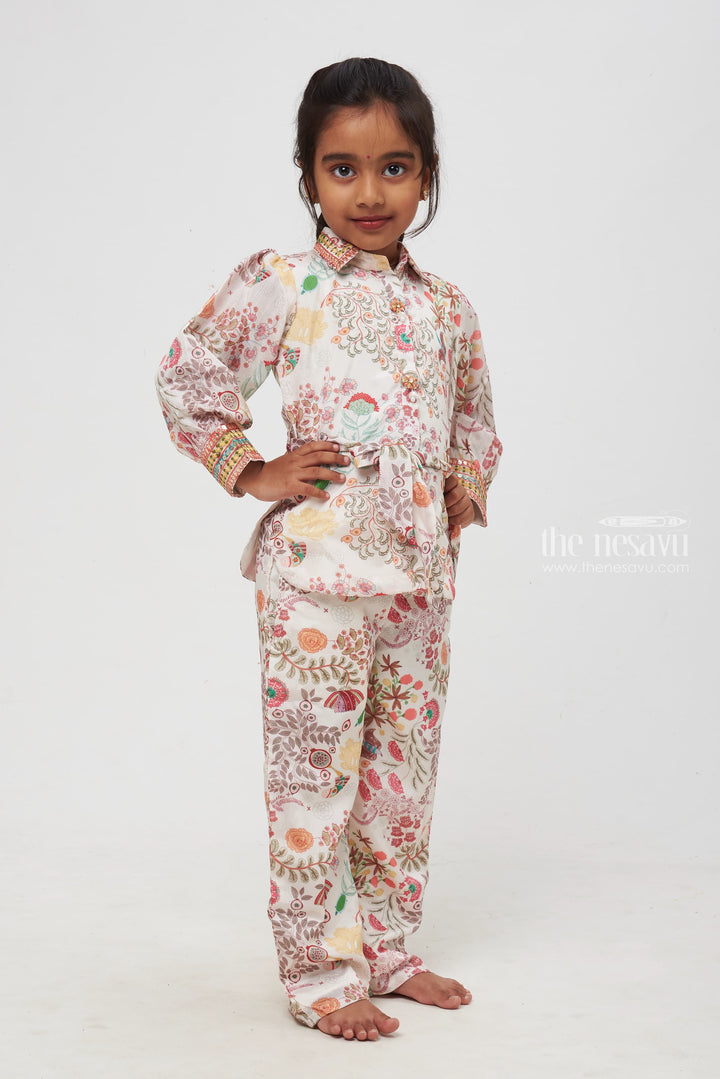 The Nesavu Girls Sharara / Plazo Set Whimsical Nature-Inspired Printed Co-Ord Sets for Kids Nesavu Vibrant Nature-Inspired Printed Outfit | Whimsical Kids Casual Wear | Unique Bird and Floral Design