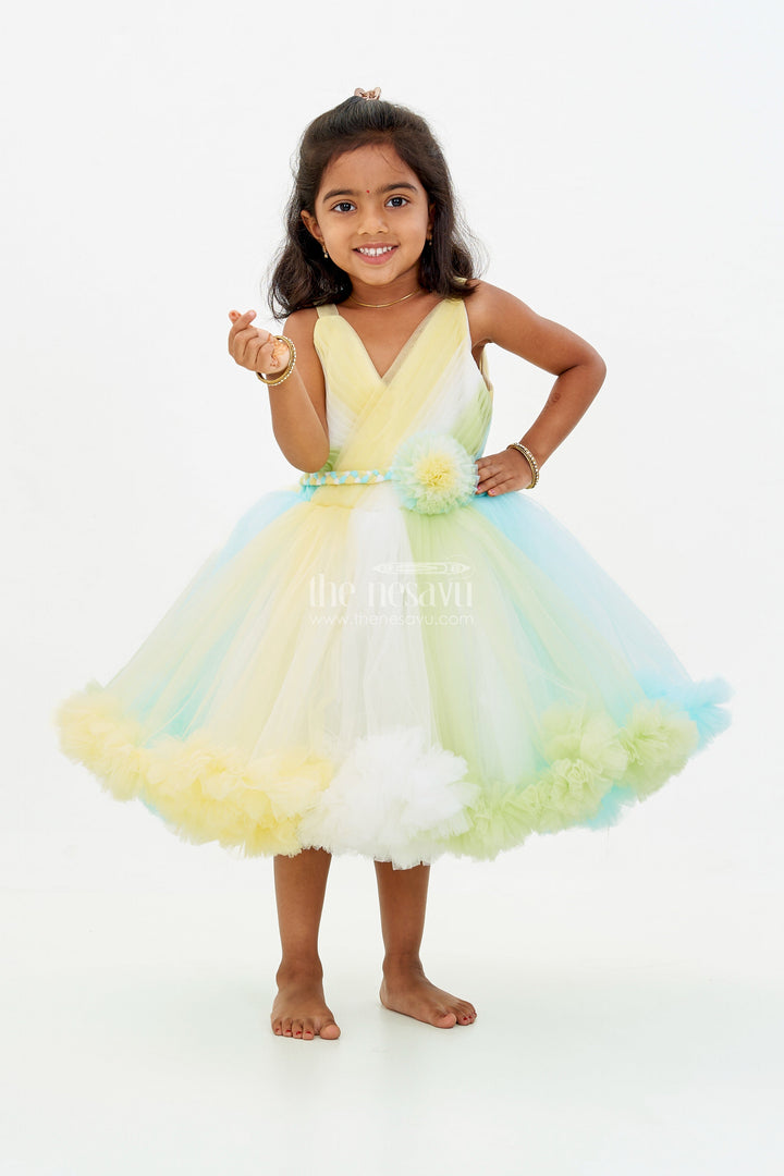 The Nesavu Girls Tutu Frock Whimsical Net Frock for Girls with Multicolor Layers and Ruffled Tutu Design Nesavu 16 (1Y) / Yellow PF200A-16 Nesavu Whimsical Net Frock Girls Multicolor Layers Ruffled Tutu Design