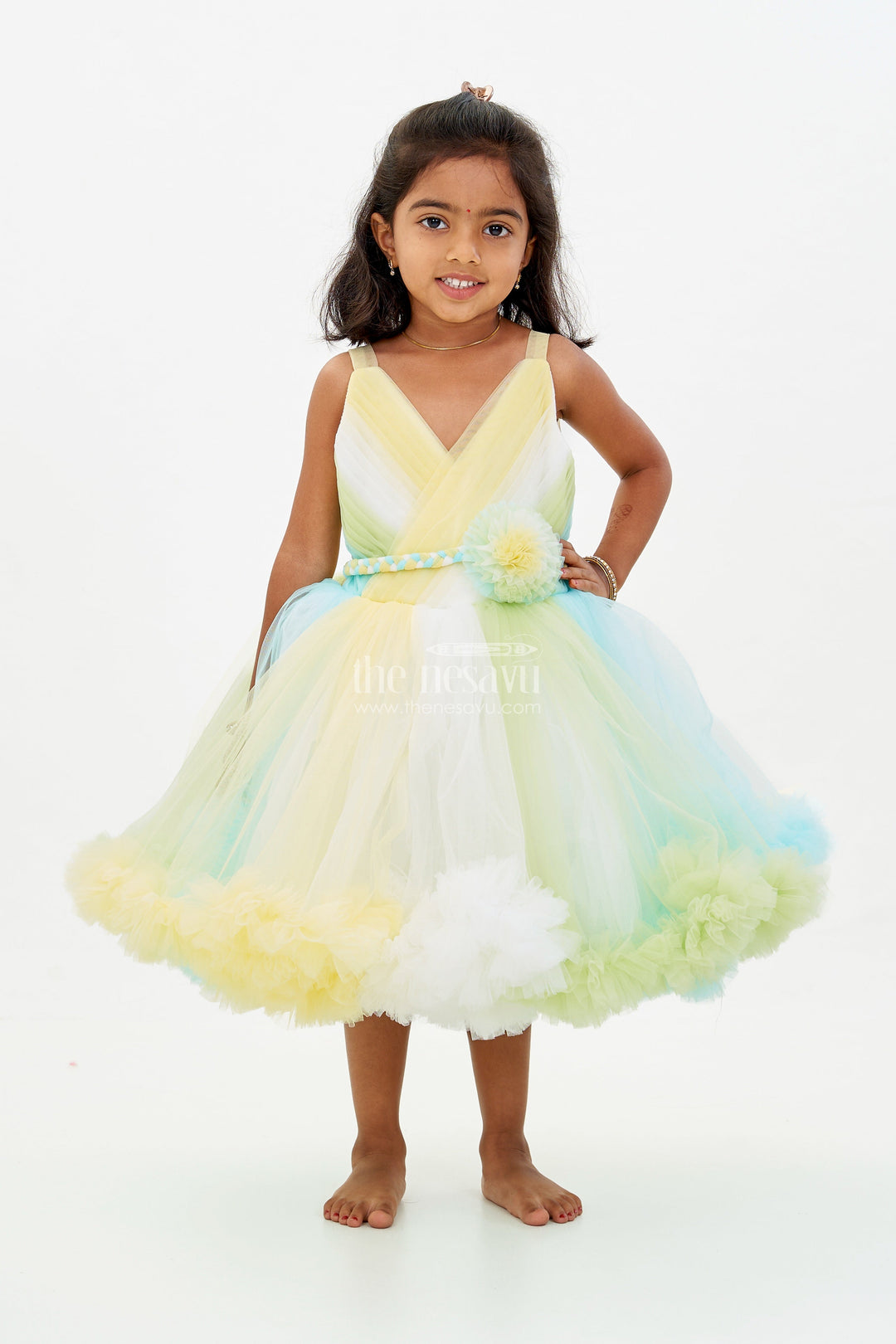 The Nesavu Girls Tutu Frock Whimsical Net Frock for Girls with Multicolor Layers and Ruffled Tutu Design Nesavu Nesavu Whimsical Net Frock Girls Multicolor Layers Ruffled Tutu Design