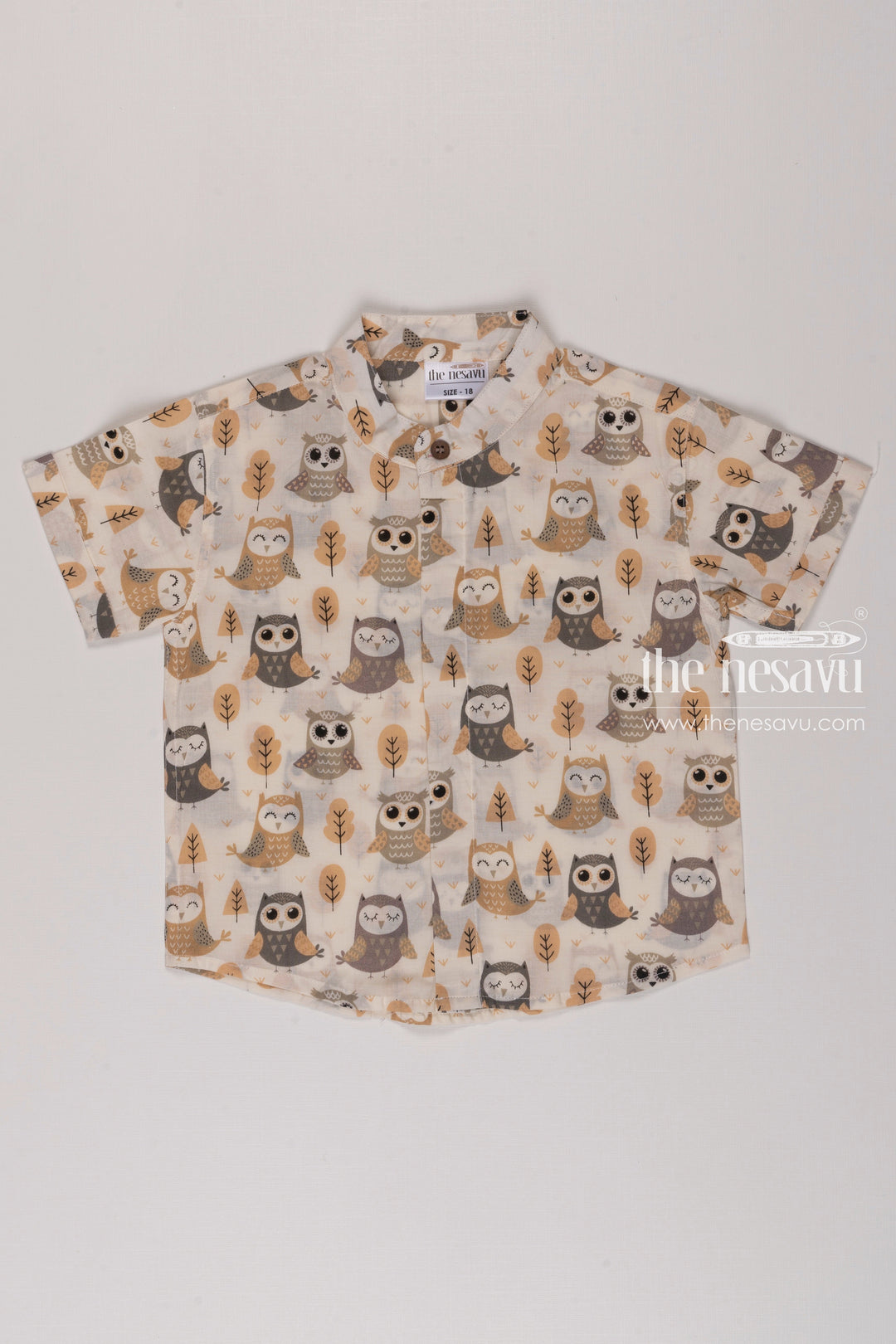 The Nesavu Boys Cotton Shirt Whimsical Owl Print Boys Cotton Casual Cotton Shirt For Summer Nesavu 14 (6M) / Half white / Cotton BS127A-14 Buy Boys Owl Printed Casual Cotton Shirt | Trendy Kids Wear | The Nesavu