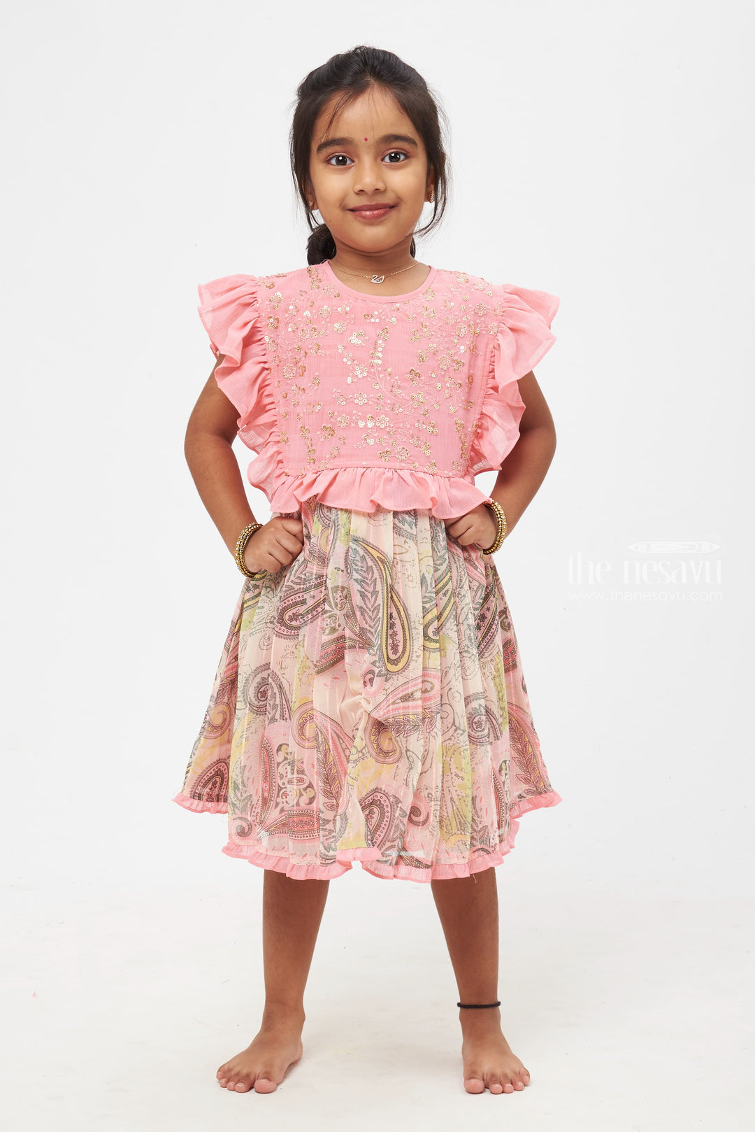 The Nesavu Girls Cotton Frock Whimsical Pink Paisley-Print Frock with Sequin Details Nesavu 22 (4Y) / Pink / Georgette GFC1164B-22 Gorgeous Pink Paisley Frock | A Blend of Tradition and Trend | The Nesavu