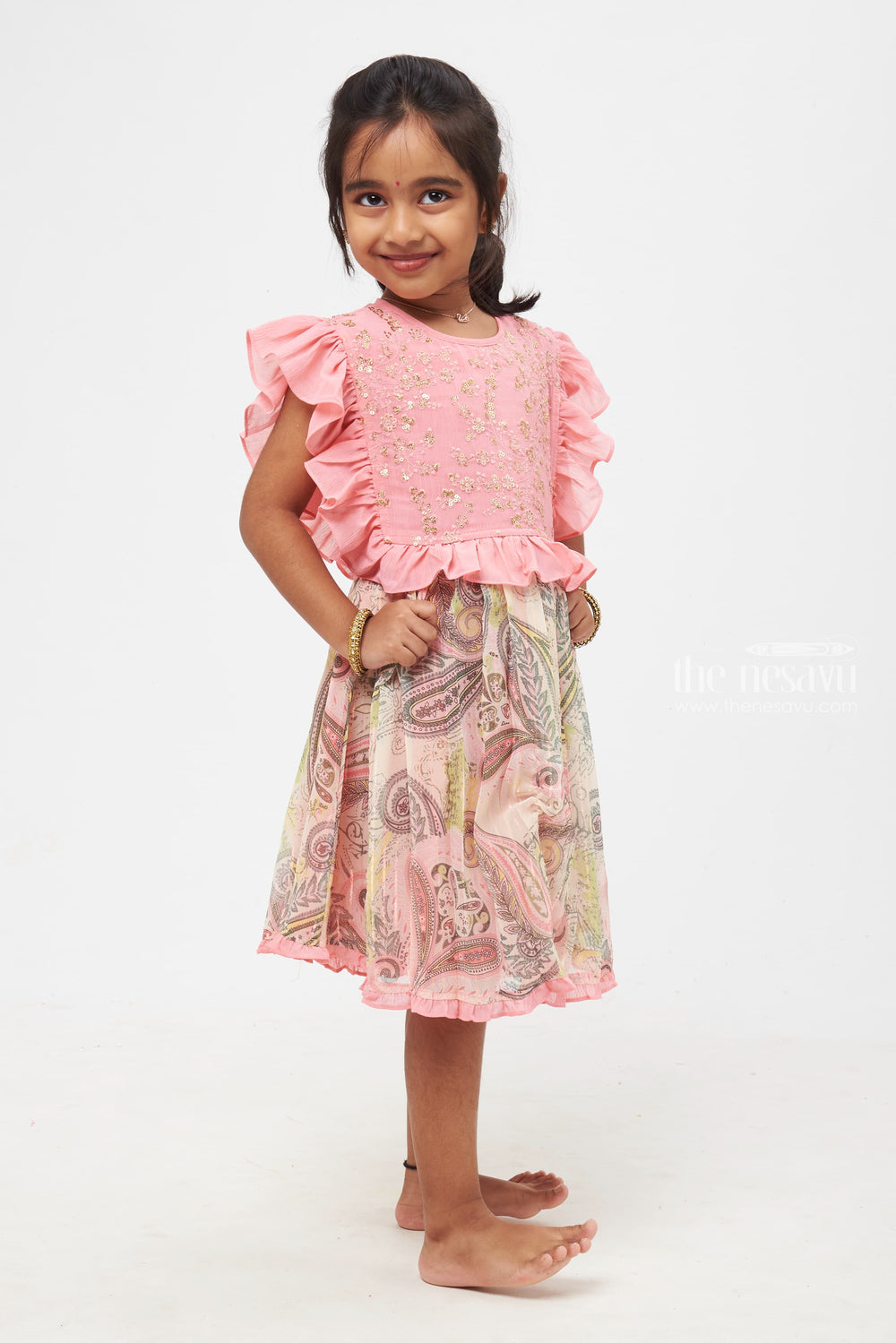 The Nesavu Girls Cotton Frock Whimsical Pink Paisley-Print Frock with Sequin Details Nesavu Gorgeous Pink Paisley Frock | A Blend of Tradition and Trend | The Nesavu