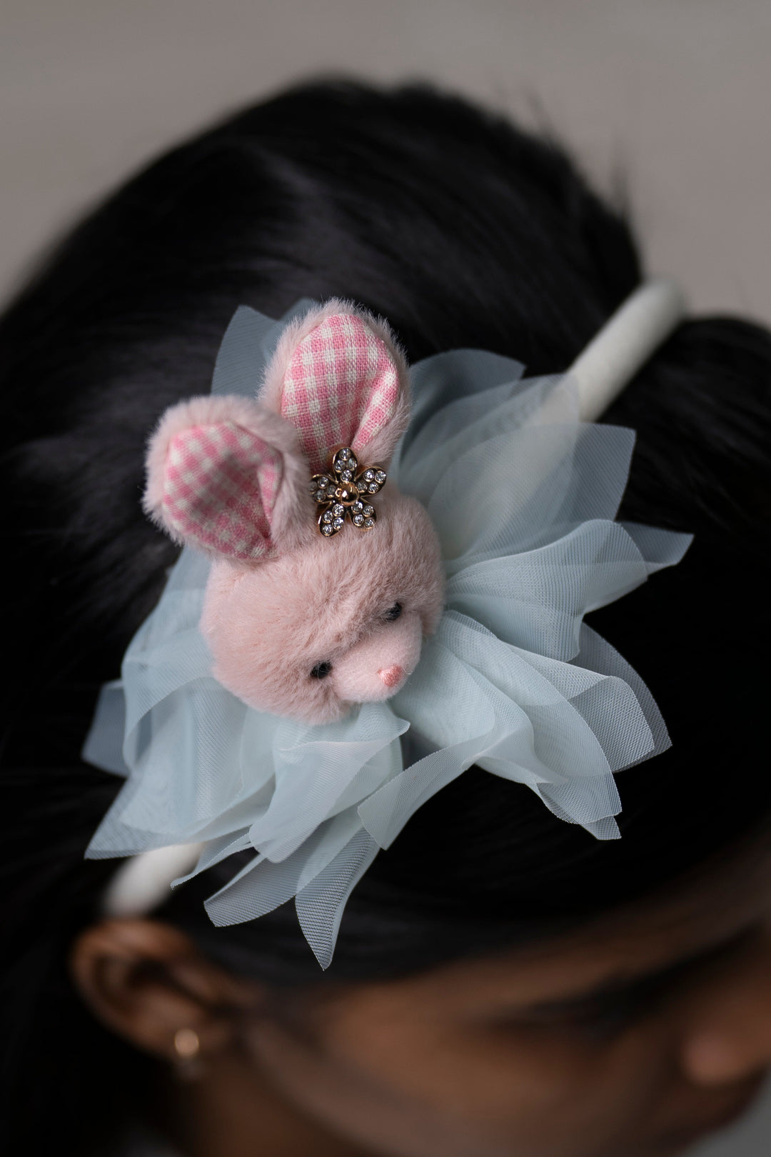 The Nesavu Hair Band Whimsical Plush Bunny Hairbow with Tulle and Sparkling Accents Nesavu Blue JHB80A Cute Bunny Hairbow with Blue Tulle | Adorable Hair Accessory for Kids | The Nesavu