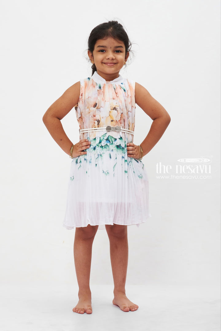 The Nesavu Girls Fancy Frock Whimsical Watercolor Floral Pleated Dress: Dreamy Blue Hues for Girls Nesavu 18 (2Y) / Salmon GFC1214A-18 Girls' Floral Pleated Summer Dress | Elegant Occasion Wear for Kids | The Nesavu