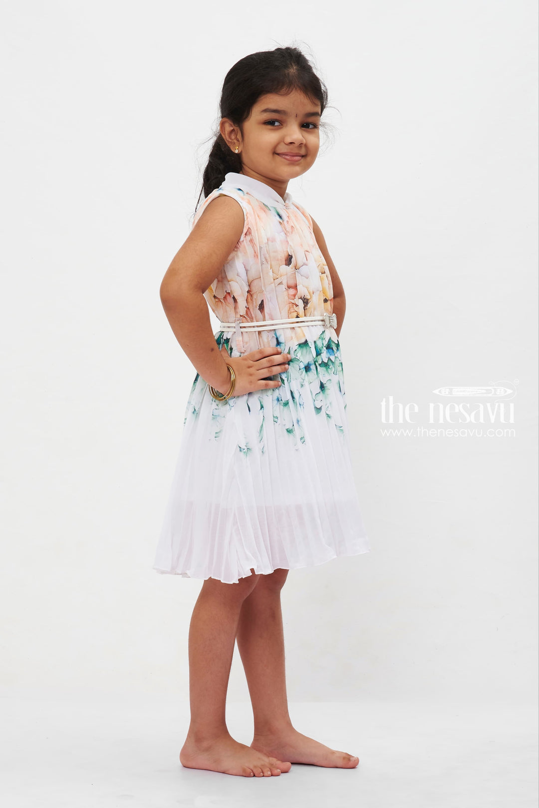 The Nesavu Girls Fancy Frock Whimsical Watercolor Floral Pleated Dress: Dreamy Blue Hues for Girls Nesavu Girls' Floral Pleated Summer Dress | Elegant Occasion Wear for Kids | The Nesavu