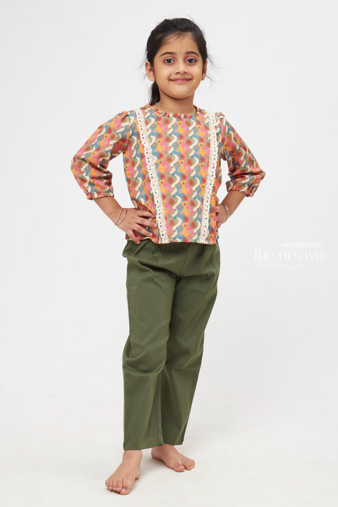 The Nesavu Girls Sharara / Plazo Set Whimsical Waves Lace-Trimmed Top with Solid Hue Trousers Set for Kids Nesavu 24 (5Y) / Green / linen cotton GPS213A-24 Kids Vibrant Vignettes Collection | Stylish Sprouts Essentials | The Nesavu
