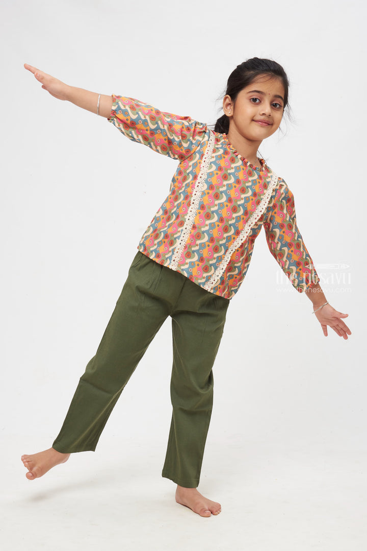 The Nesavu Girls Sharara / Plazo Set Whimsical Waves Lace-Trimmed Top with Solid Hue Trousers Set for Kids Nesavu Kids Vibrant Vignettes Collection | Stylish Sprouts Essentials | The Nesavu