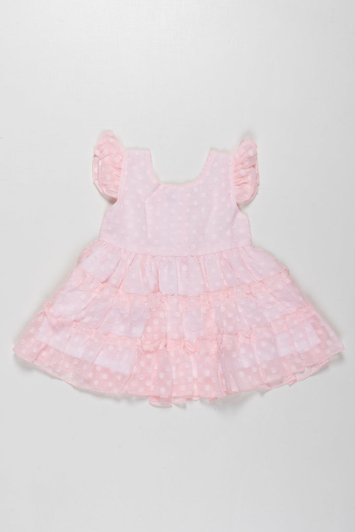 The Nesavu Baby Fancy Frock Whisper Pink Tulle Baby Frock with Polka Accents - Angelic Charm Nesavu 14 (6M) / Pink / Georgette BFJ528A-14 Soft Pink Polka Dot Infant Dress | Comfy & Fashionable Baby Party Wear | The Nesavu
