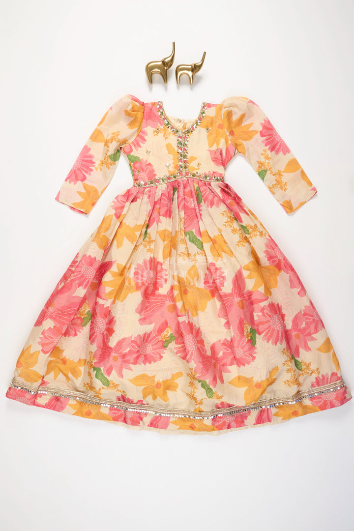 The Nesavu Girls Party Gown White and Pink Floral Girls Party Gown with Sequin and Mirror Embellishments for Festive Events Nesavu 24 (5Y) / multicolor GA268A-24 Nesavu White Pink Floral Girls Gown Mirror Embellishments Flared Skirt Festive Events