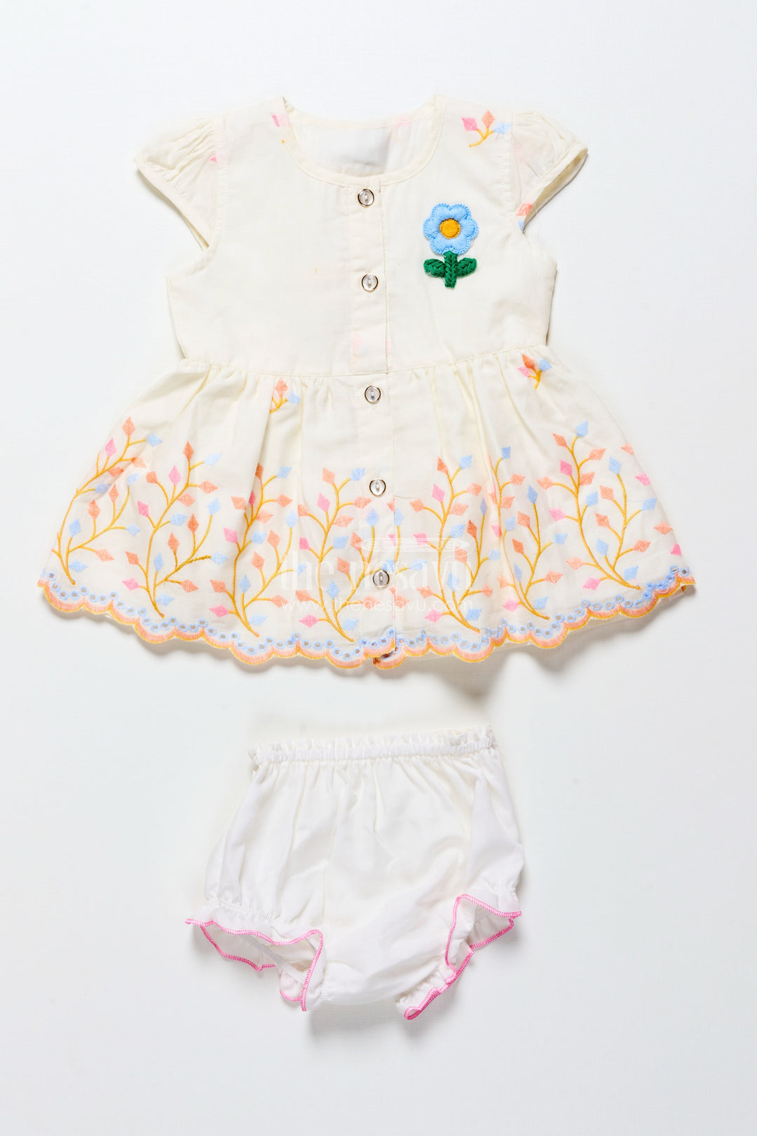 The Nesavu Baby Frocks White Baby Frock with Pastel Floral Embroidery and Ruffled Hem Nesavu 14 (6M) / White BFJ850C-14 Nesavu white baby frock with pastel embroidery and bloomer set