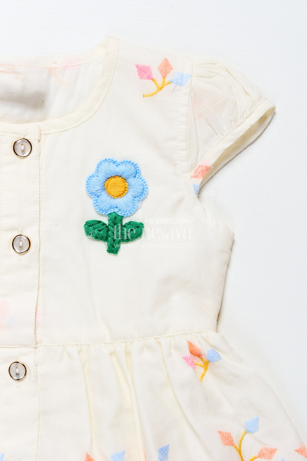 The Nesavu Baby Frocks White Baby Frock with Pastel Floral Embroidery and Ruffled Hem Nesavu Nesavu white baby frock with pastel embroidery and bloomer set
