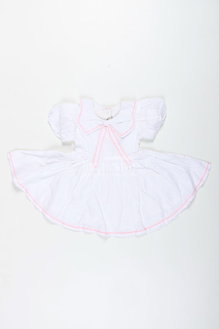 The Nesavu Baby Cotton Frocks White Baby Girl Cotton Frock with Pink Embroidery Puff Sleeve Dress for Summer Playdates Nesavu 14 (6M) / White BFJ823A-14 Nesavu White Baby Girl Cotton Frock Pink Embroidery Puff Sleeve Dress Summer Playdates