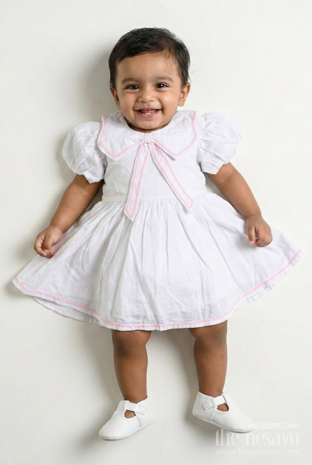 The Nesavu Baby Cotton Frocks White Baby Girl Cotton Frock with Pink Embroidery Puff Sleeve Dress for Summer Playdates Nesavu 14 (6M) / White BFJ823A-14 Nesavu White Baby Girl Cotton Frock Pink Embroidery Puff Sleeve Dress Summer Playdates