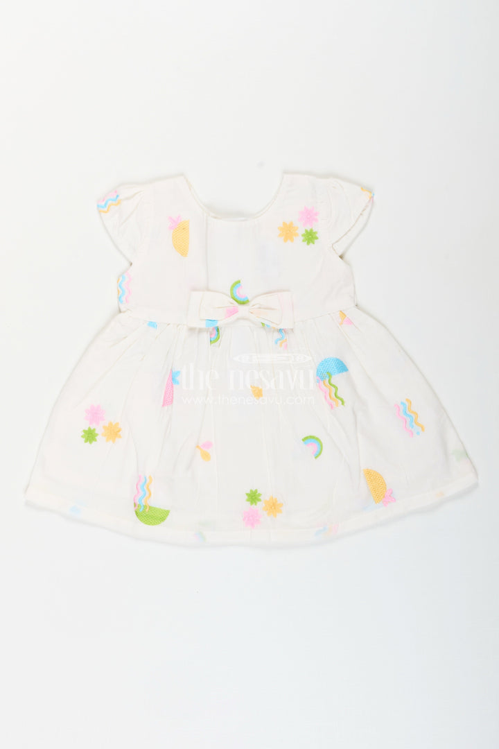 The Nesavu Baby Cotton Frocks White baby girl frock with pastel embroidery for everyday wear Nesavu 14 (6M) / White BFJ856B-14 Nesavu white baby girl frock with pastel rainbow embroidery and flutter sleeves for casual wear