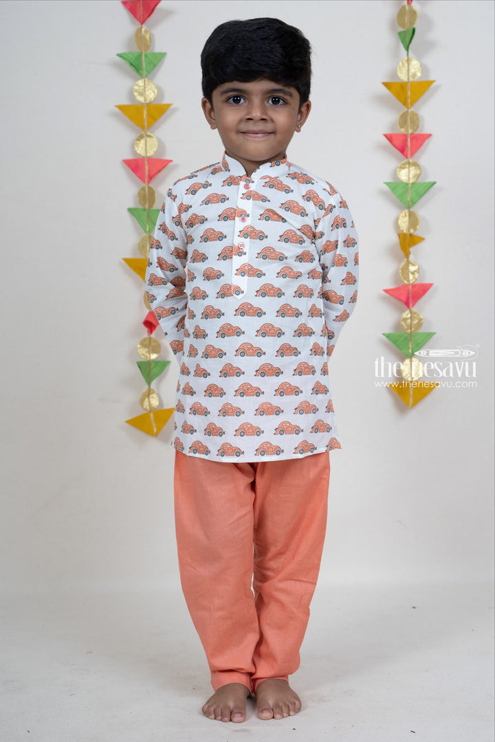 The Nesavu Boys Kurtha Set White Car Printed Cotton Kurta For Baby Boys With Orange Pant Nesavu 12 (3M) / Orange / Cotton BES209A-12 Cotton Printed Kurta Suit For Boys Online | Traditional Indian Ethnics | The Nesavu