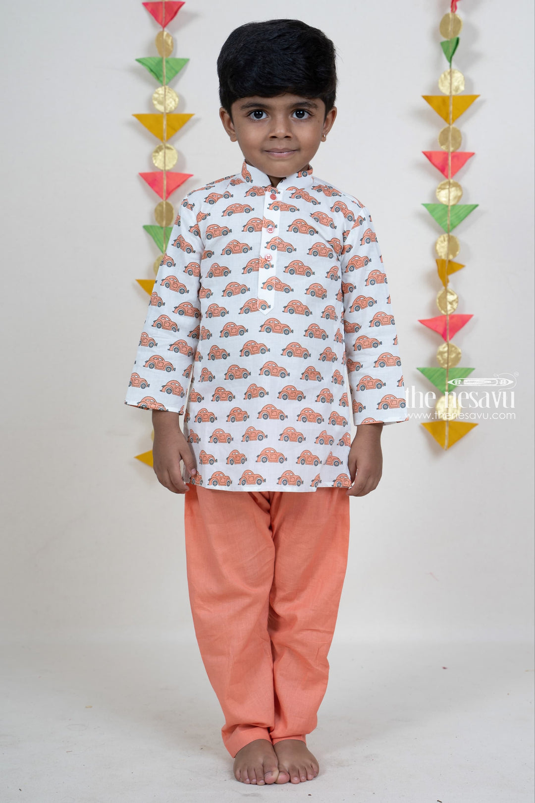 The Nesavu Boys Kurtha Set White Car Printed Cotton Kurta For Baby Boys With Orange Pant Nesavu Cotton Printed Kurta Suit For Boys Online | Traditional Indian Ethnics | The Nesavu