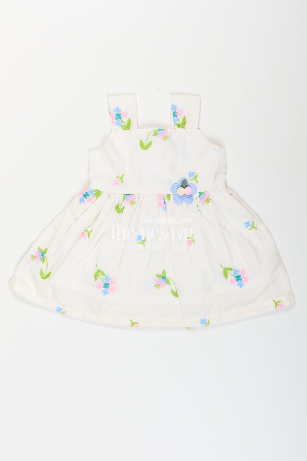 The Nesavu Baby Cotton Frocks White cotton frock with floral embroidery and shoulder straps for baby girls Nesavu 14 (6M) / White BFJ855A-14 Nesavu white cotton frock for baby girls with shoulder straps and colorful floral embroidery