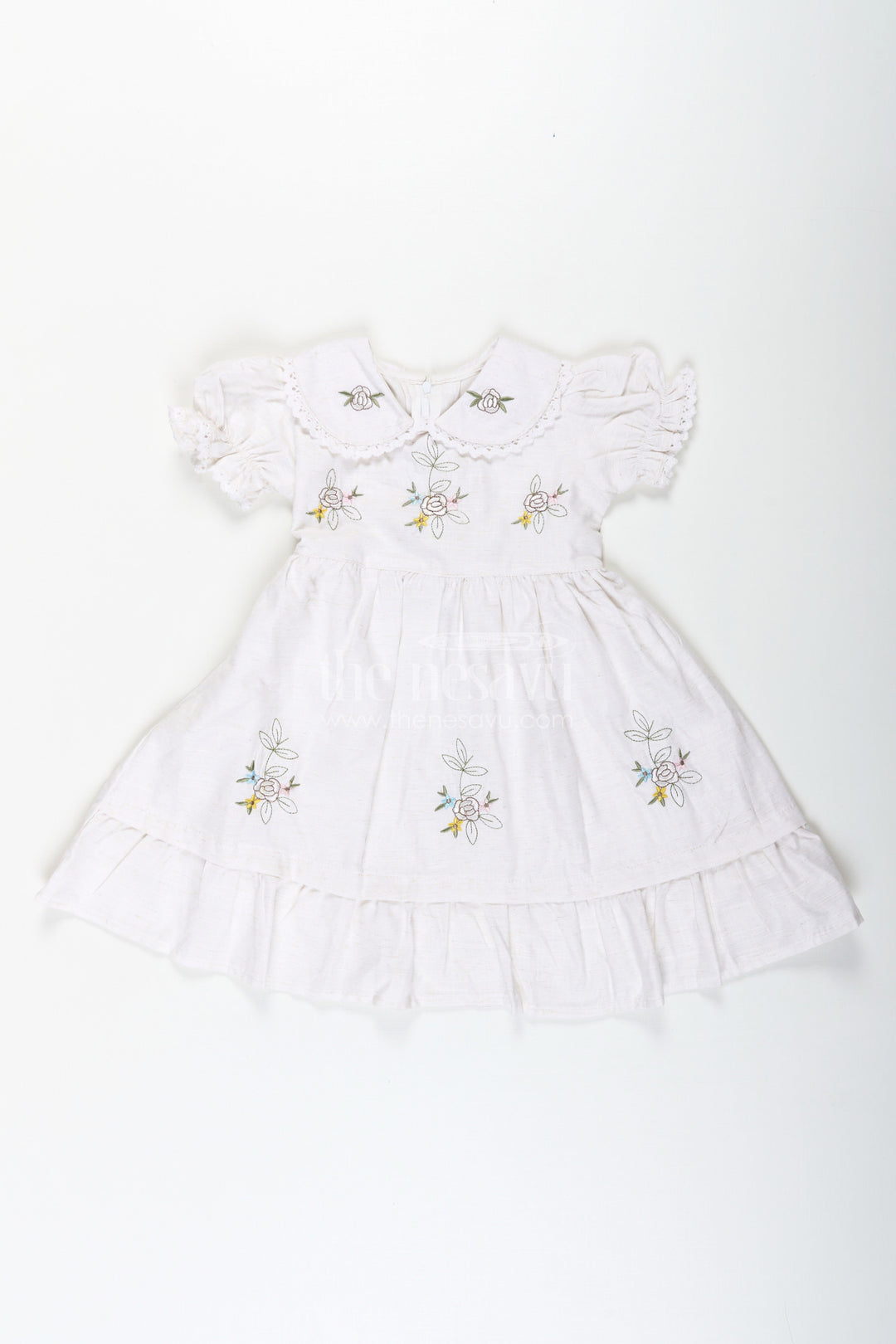 The Nesavu Girls Cotton Frock White Cotton Frocks for Girls with Floral Embroidery Puff Sleeves and Peter Pan Collar Nesavu 20 (3Y) / White GFC1710A-20 Nesavu White Cotton Frocks for Girls with Embroidery Puff Sleeves and Peter Pan Lace Collar