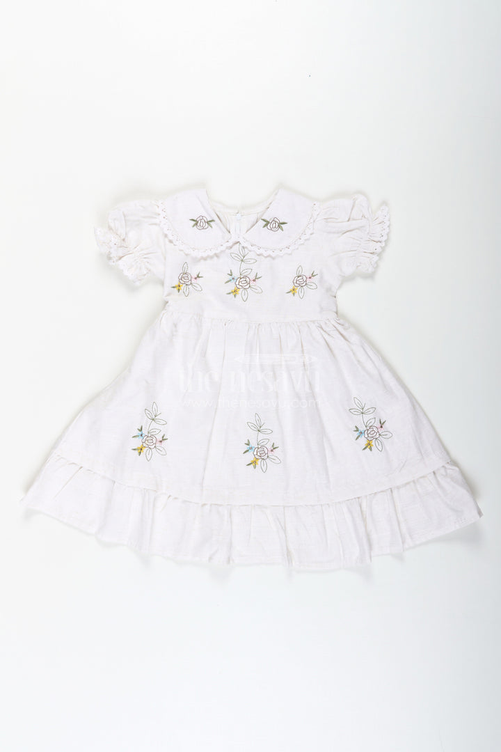 The Nesavu Girls Cotton Frock White Cotton Frocks for Girls with Floral Embroidery Puff Sleeves and Peter Pan Collar Nesavu 20 (3Y) / White GFC1710A-20 Nesavu White Cotton Frocks for Girls with Embroidery Puff Sleeves and Peter Pan Lace Collar