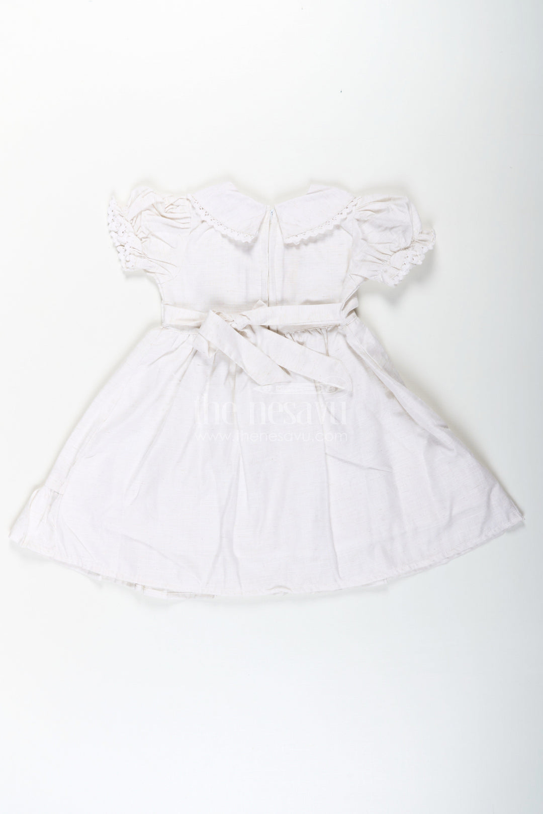 The Nesavu Girls Cotton Frock White Cotton Frocks for Girls with Floral Embroidery Puff Sleeves and Peter Pan Collar Nesavu Nesavu White Cotton Frocks for Girls with Embroidery Puff Sleeves and Peter Pan Lace Collar