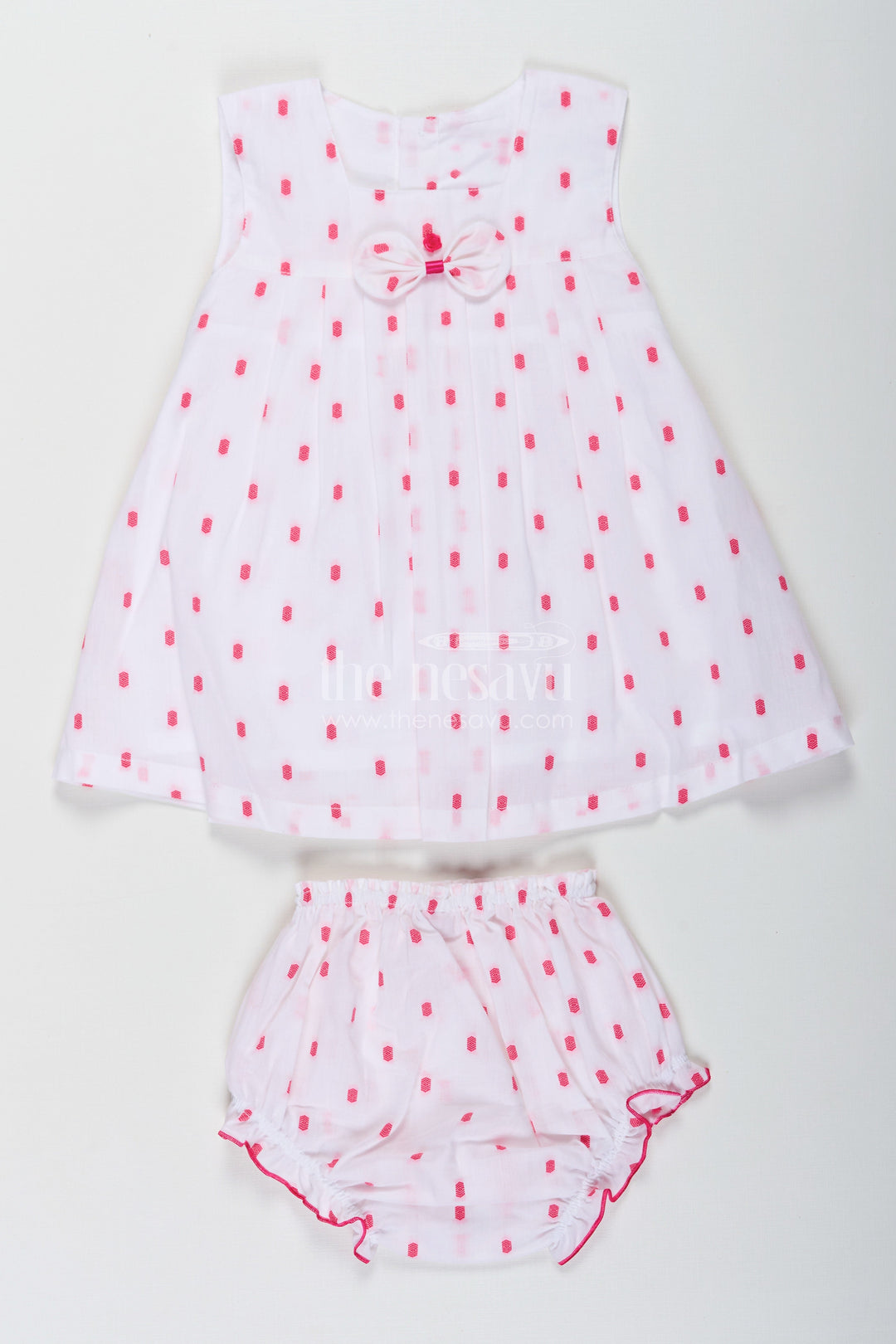The Nesavu Baby Cotton Frocks White Frock for Baby Girl in Cotton Dobby with Pink Embroidery and Matching Bloomers Nesavu 10 (NB) / white BFJ791A-10 Nesavu White Frock Baby Girl Cotton Dobby Pink Embroidery Bloomers