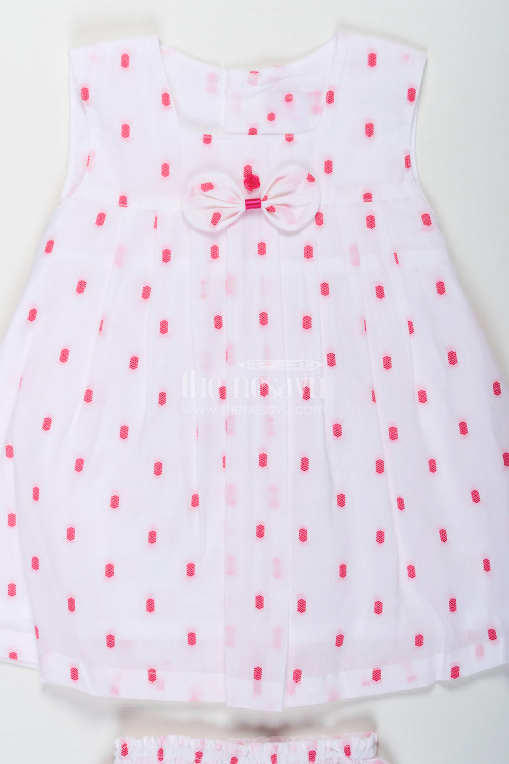 The Nesavu Baby Cotton Frocks White Frock for Baby Girl in Cotton Dobby with Pink Embroidery and Matching Bloomers Nesavu Nesavu White Frock Baby Girl Cotton Dobby Pink Embroidery Bloomers