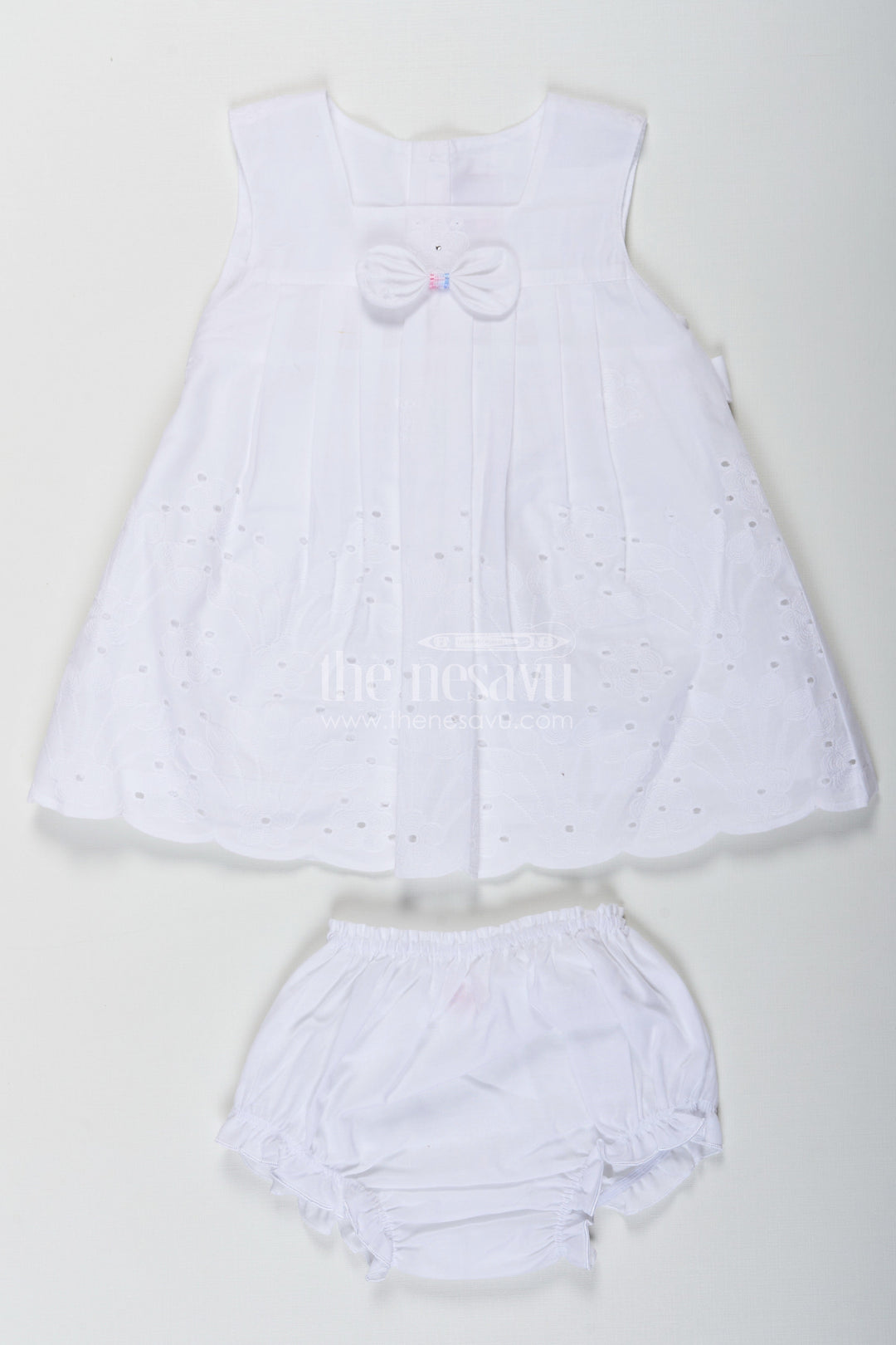 The Nesavu Baby Cotton Frocks White Frock for Baby with Classic Cotton Hakoba Embroidery and Matching Bloomers Nesavu 10 (NB) / white BFJ789A-10 Nesavu White Frock Baby Cotton Hakoba Embroidery Matching Bloomers