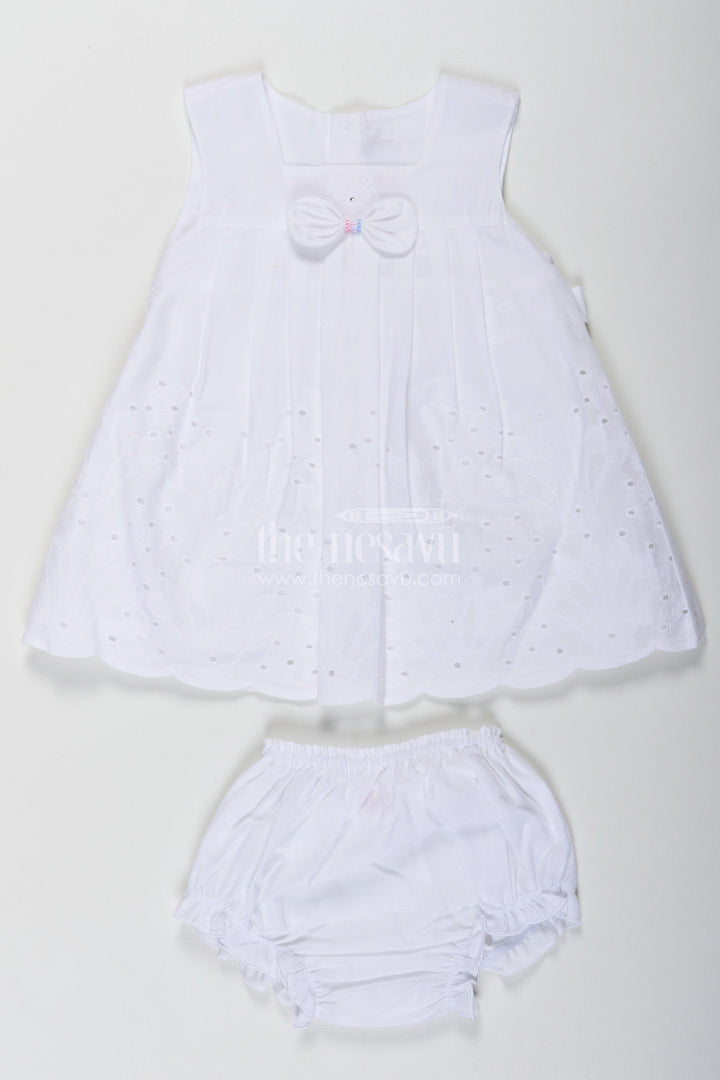 The Nesavu Baby Cotton Frocks White Frock for Baby with Classic Cotton Hakoba Embroidery and Matching Bloomers Nesavu 10 (NB) / white BFJ789A-10 Nesavu White Frock Baby Cotton Hakoba Embroidery Matching Bloomers