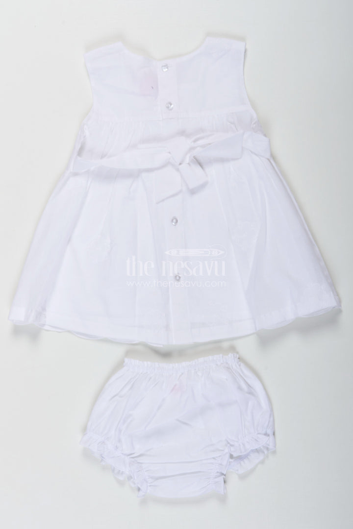 The Nesavu Baby Cotton Frocks White Frock for Baby with Classic Cotton Hakoba Embroidery and Matching Bloomers Nesavu Nesavu White Frock Baby Cotton Hakoba Embroidery Matching Bloomers