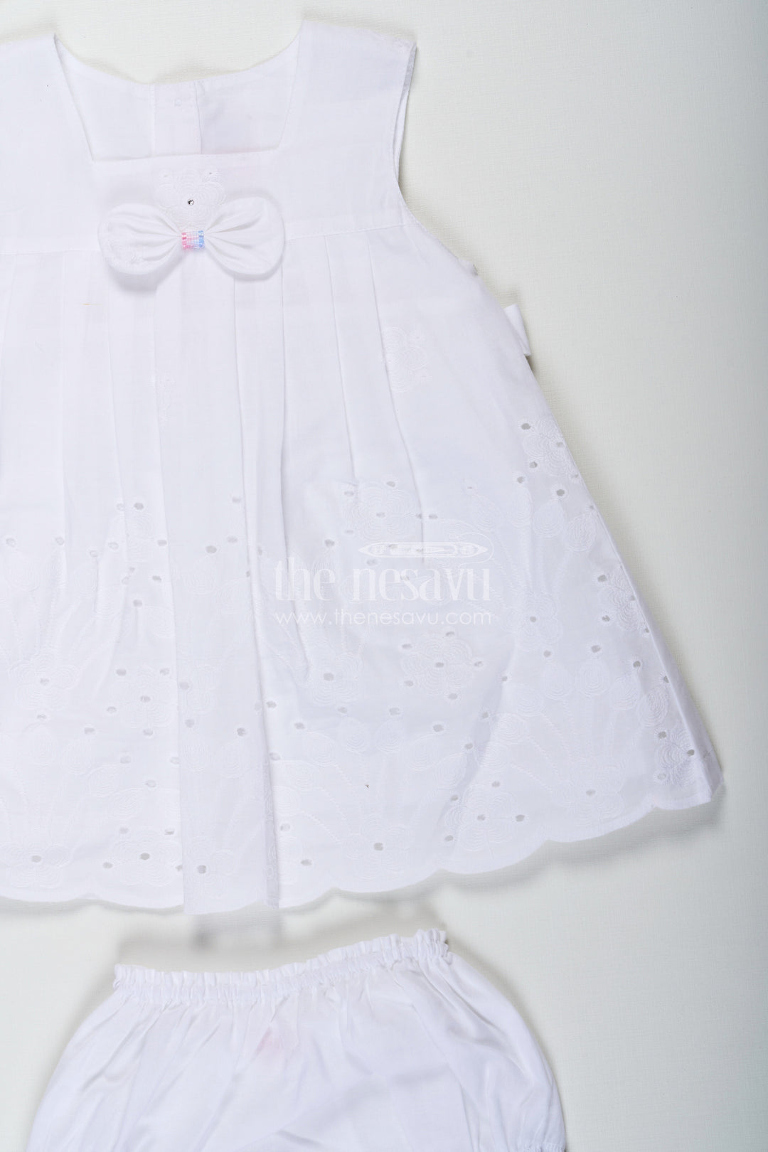 The Nesavu Baby Cotton Frocks White Frock for Baby with Classic Cotton Hakoba Embroidery and Matching Bloomers Nesavu Nesavu White Frock Baby Cotton Hakoba Embroidery Matching Bloomers