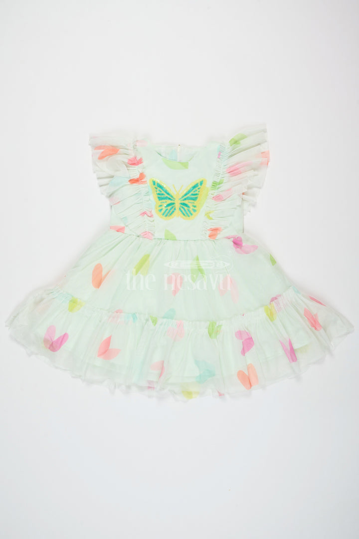 The Nesavu Girls Fancy Frock White Girls Fancy Frock with Butterfly Embroidery and Soft Net Overlay Nesavu Nesavu White Girls Fancy Frock Butterfly Embroidery Soft Net Overlay