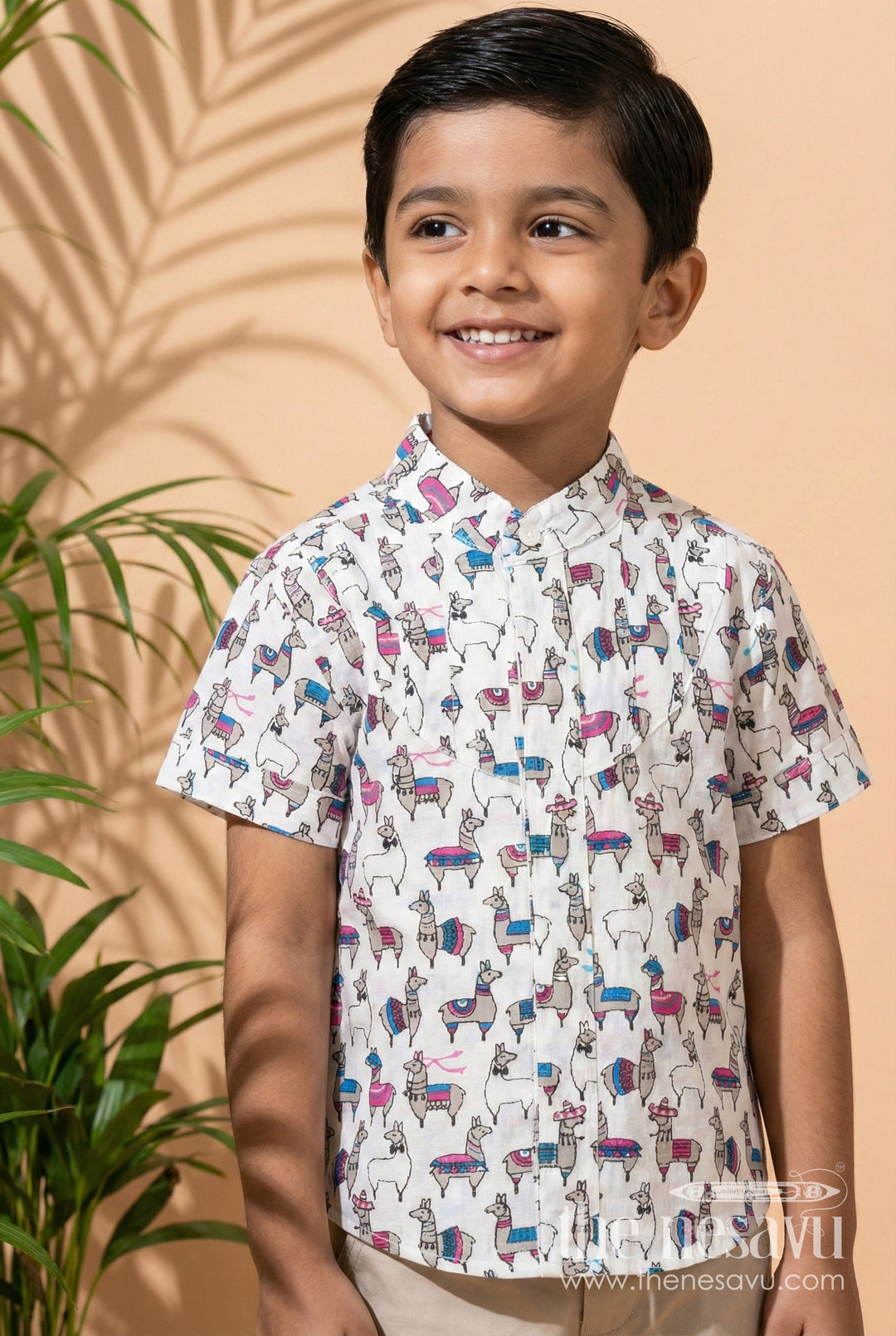 The Nesavu Boys Cotton Shirt White Jungle Animal Print Shirt for Kids Soft Cotton Comfort Fit Nesavu 16 (1Y) / White BS280B-16 Nesavu White Cotton Shirt Kids Light Animal Motifs Soft Digital Print Everyday Wear