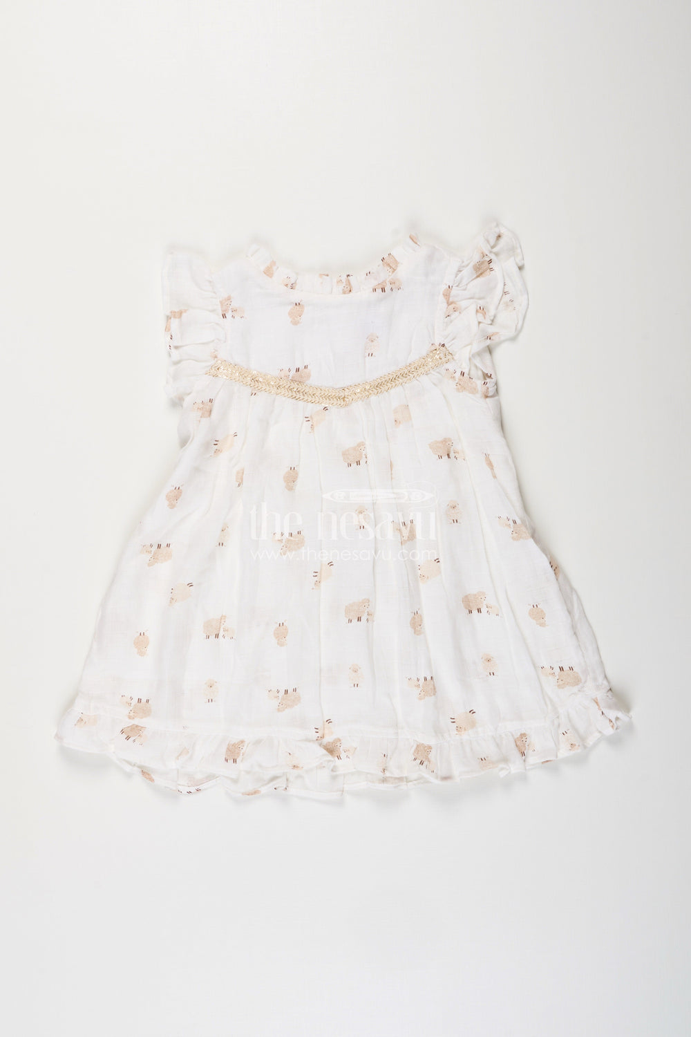 The Nesavu Girls Cotton Frock White Muslin Cotton Frock for Baby Girls with Soft Sheep Print Nesavu 18 (2Y) / White GFC1941A-18 Nesavu baby girls white muslin cotton frock with sheep print and ruffle detailing for everyday wear