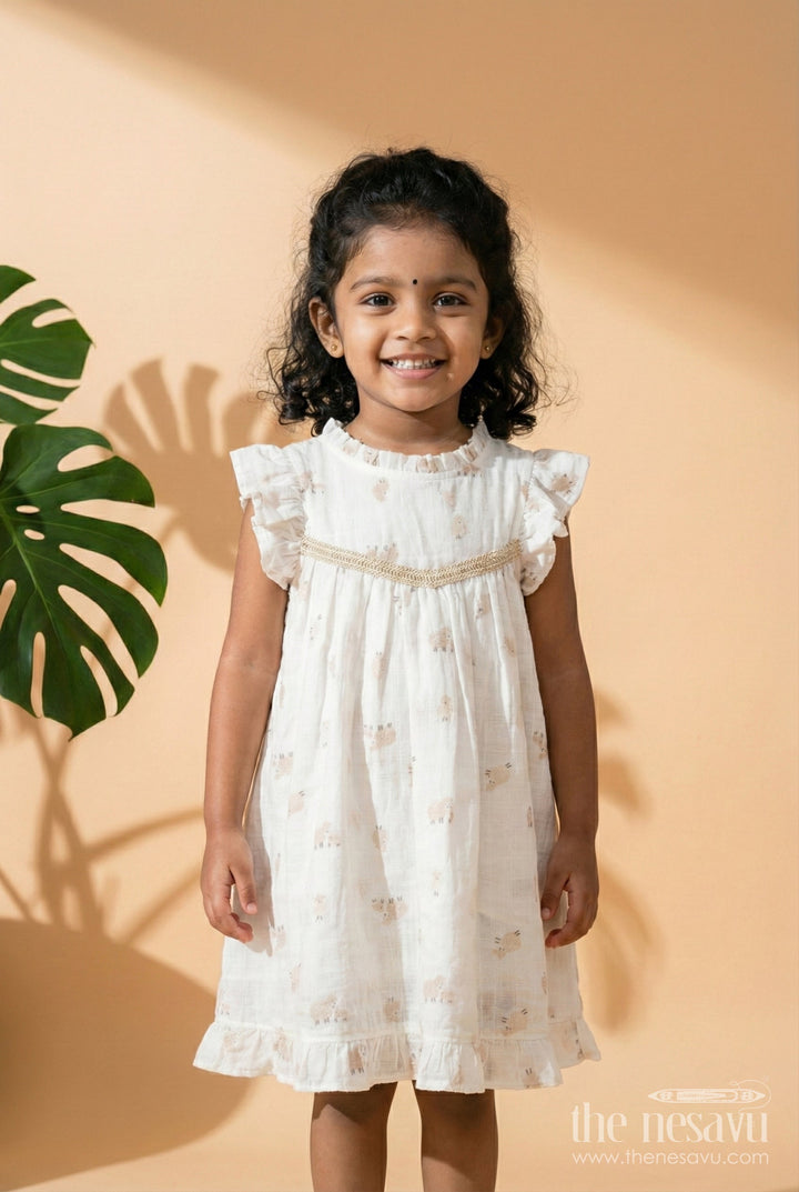 The Nesavu Girls Cotton Frock White Muslin Cotton Frock for Baby Girls with Soft Sheep Print Nesavu 18 (2Y) / White GFC1941A-18 Nesavu baby girls white muslin cotton frock with sheep print and ruffle detailing for everyday wear