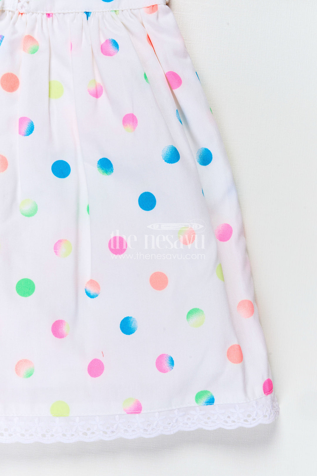 The Nesavu Baby Cotton Frocks White Newborn Clothes in Cotton with Neon Polka Dot Print and Frilly Sleeves for Baby Girls Nesavu Nesavu White Cotton Newborn Clothes Neon Polka Dots Lace Trimmed Sleeves Baby Girls