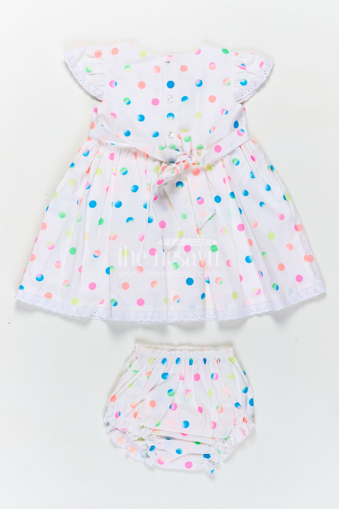 The Nesavu Baby Cotton Frocks White Newborn Clothes in Cotton with Neon Polka Dot Print and Frilly Sleeves for Baby Girls Nesavu Nesavu White Cotton Newborn Clothes Neon Polka Dots Lace Trimmed Sleeves Baby Girls