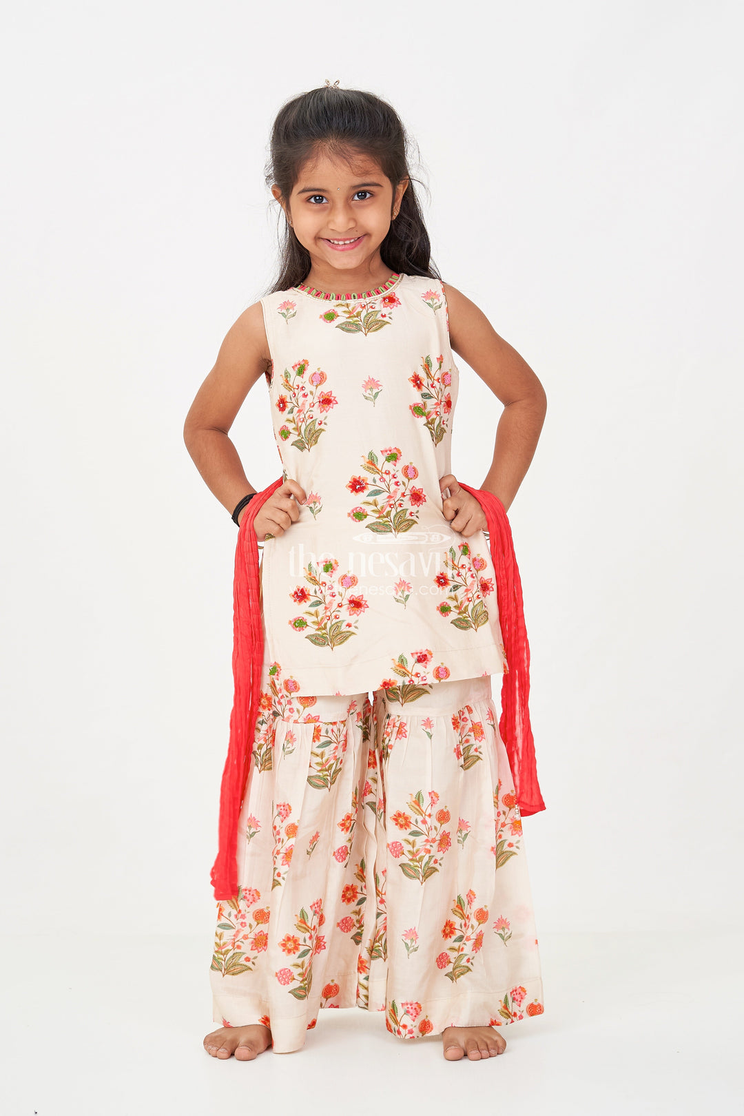 The Nesavu Girls Sharara / Plazo Set White Palazzo Suit for Girls in Floral Digital Print Viscose Silk with Flared Bottoms and Dupatta Nesavu 16 (1Y) / Cream GPS590A-16 Nesavu White Palazzo Suit for Girls with Floral Digital Print in Viscose Silk and Matching Dupatta