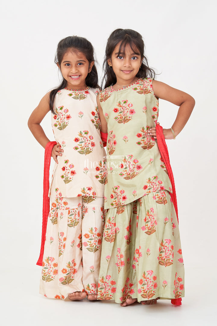 The Nesavu Girls Sharara / Plazo Set White Palazzo Suit for Girls in Floral Digital Print Viscose Silk with Flared Bottoms and Dupatta Nesavu Nesavu White Palazzo Suit for Girls with Floral Digital Print in Viscose Silk and Matching Dupatta