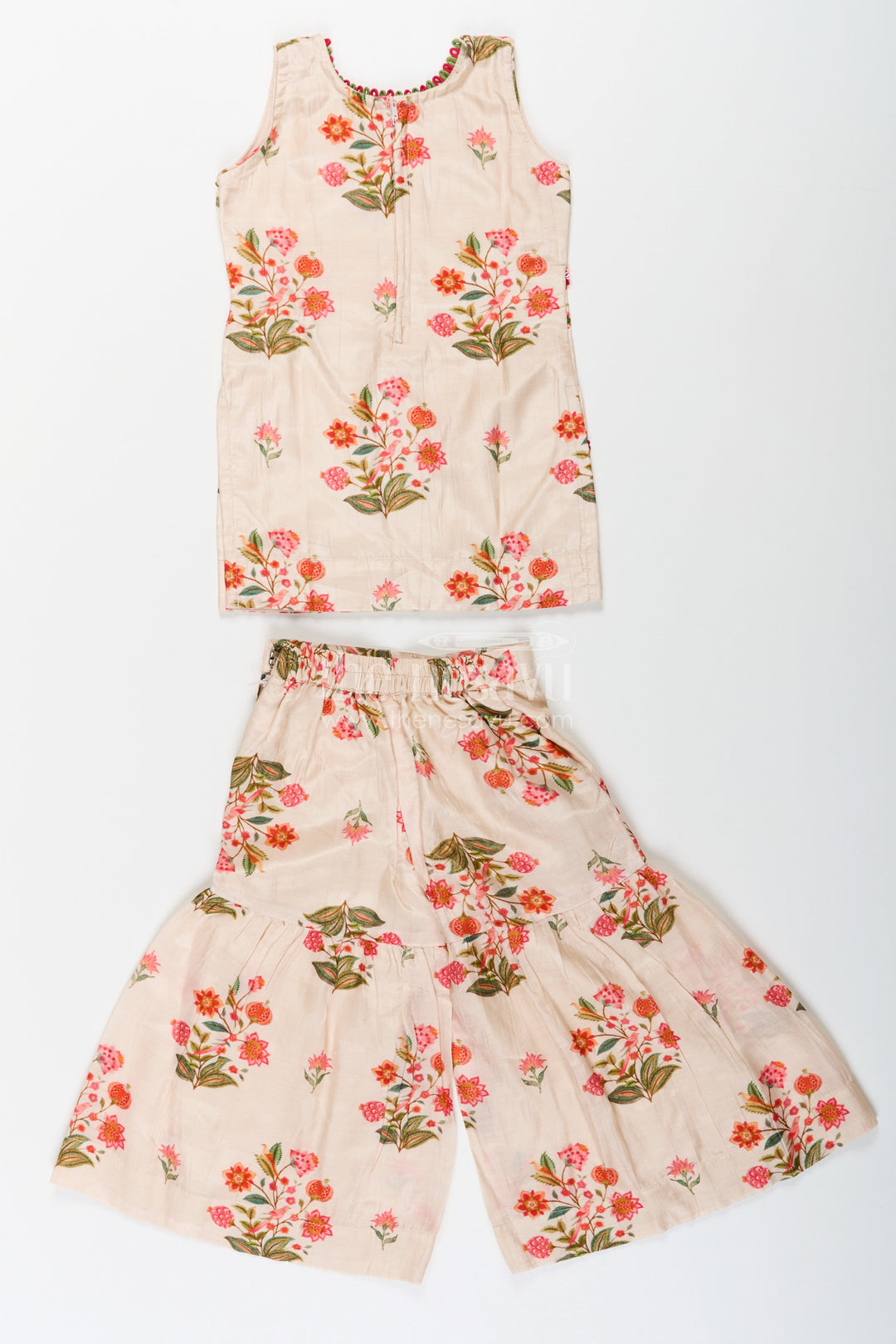 The Nesavu Girls Sharara / Plazo Set White Palazzo Suit for Girls in Floral Digital Print Viscose Silk with Flared Bottoms and Dupatta Nesavu Nesavu White Palazzo Suit for Girls with Floral Digital Print in Viscose Silk and Matching Dupatta