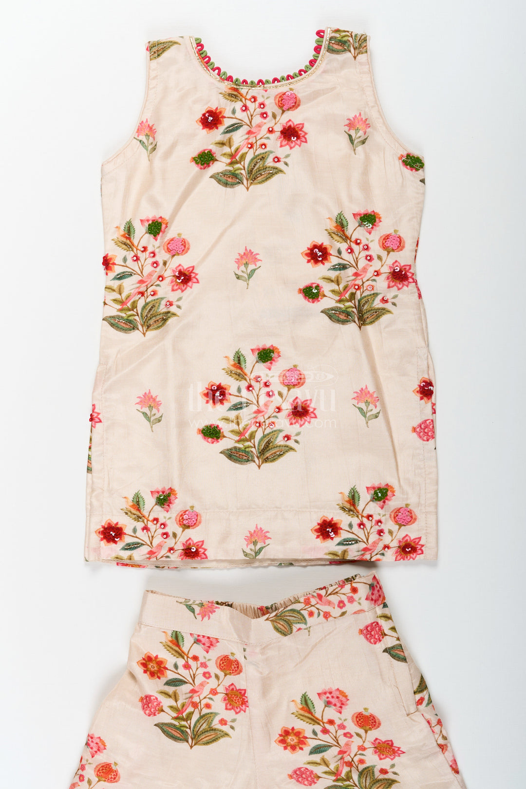 The Nesavu Girls Sharara / Plazo Set White Palazzo Suit for Girls in Floral Digital Print Viscose Silk with Flared Bottoms and Dupatta Nesavu Nesavu White Palazzo Suit for Girls with Floral Digital Print in Viscose Silk and Matching Dupatta